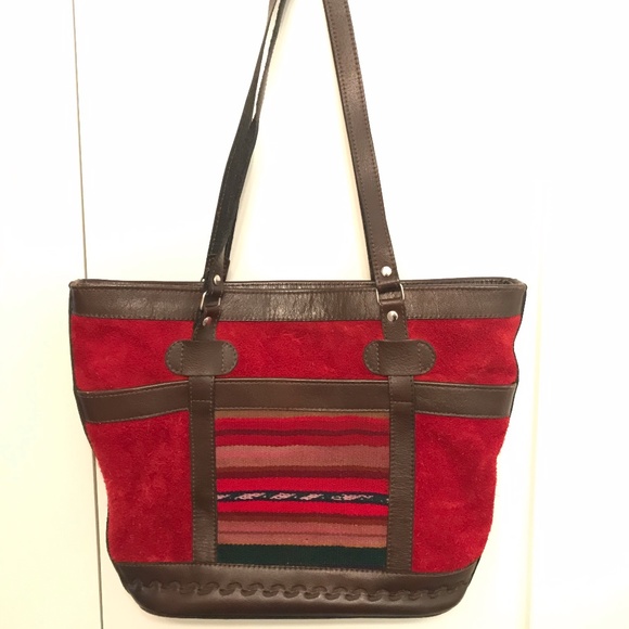 Red Suede with leather trim tote/shoulder bag - Picture 2 of 6